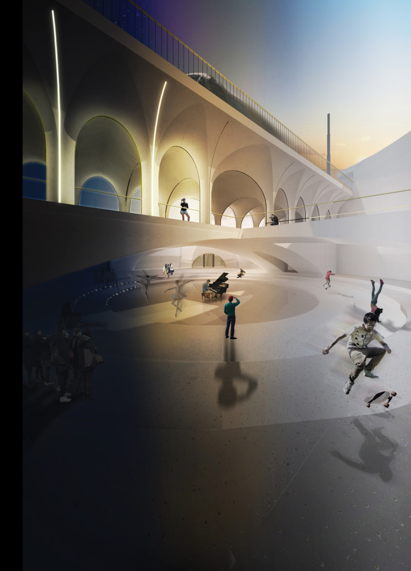 Textured Concrete Hall Enhanced with Brass Details for Community Engagement