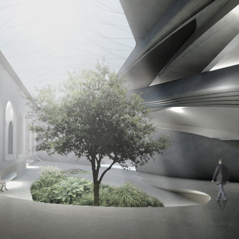 Biophilic Design Featuring Organic Forms and Concrete Utilization in a Community Space