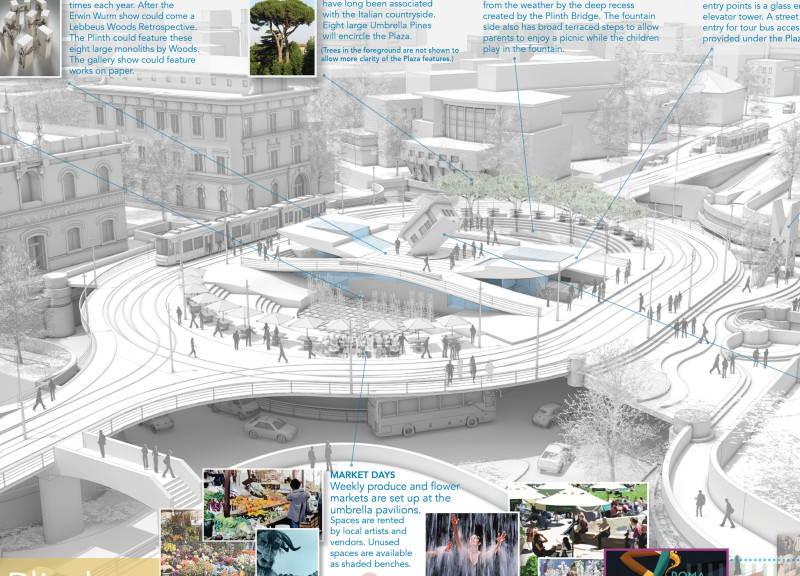 Dancing Waters Feature with Charred Wood Elements in a Revitalized Urban Square