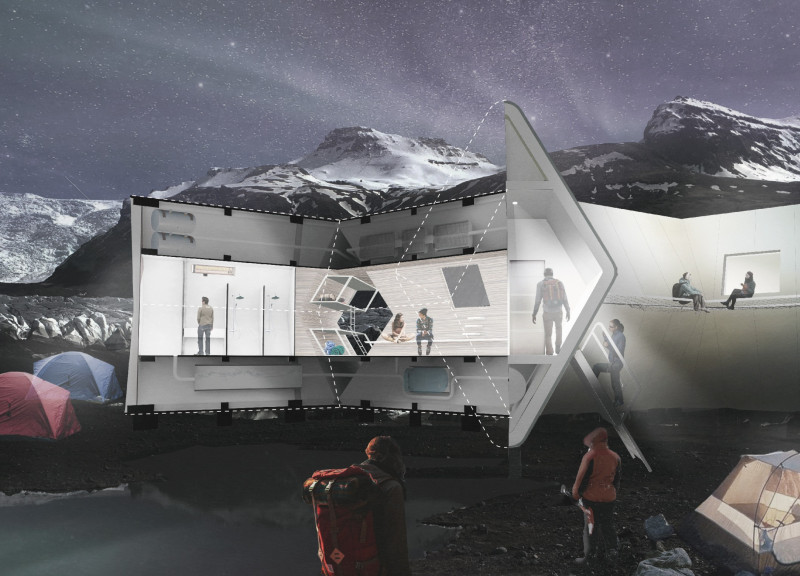 Wooden Shelter Featuring Charred Shingle Facade and Solar Panels for Sustainable Trekking Experience