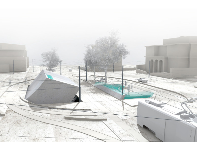 Subterranean Space with Cantilevered Roof Featuring Glass Facade and Reinforced Concrete Structure for Cultural Engagement