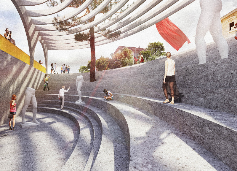 Curved Concrete and Transparent Glass Pavilion Enhances Community Interaction in Historic Space