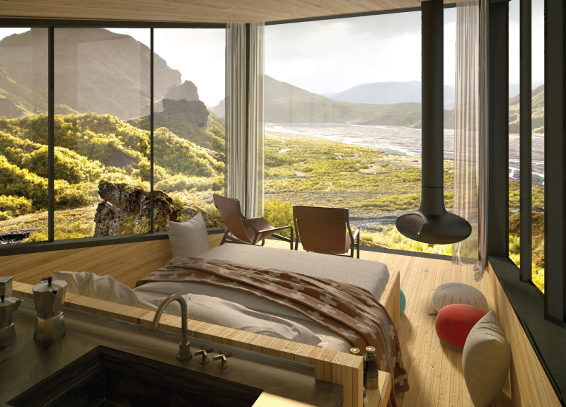 Cantilevered Structure with Charred Wooden Shingles Offering Scenic Retreat in Rugged Landscape