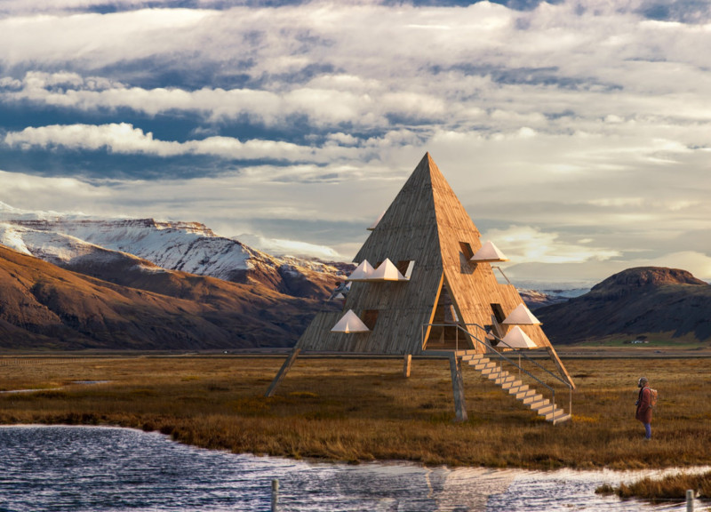 Pyramid-Shaped Dwelling Crafted from Icelandic Birch Featuring Inflatable Tent Extensions