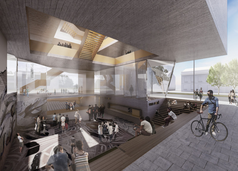 Carved Concrete Façade and Glazed Elements Define a Cultural Hub for Artistic Expression