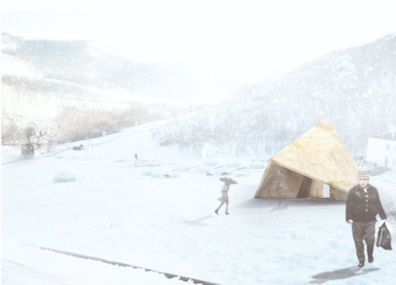 Geometric Form Wrapped in Charred Wooden Shingles with Natural Light Play in a Regional Public Space