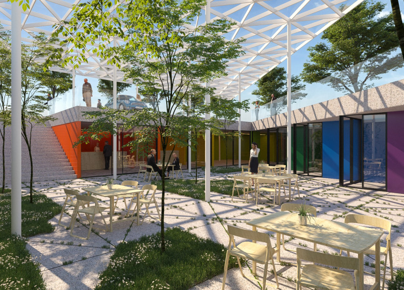 Lattice Steel Framework and Vibrant Color Panels in Below-Grade Community Gathering Space