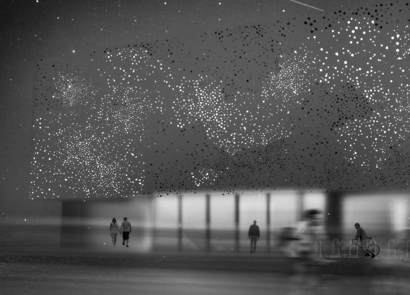 Perforated Metal Facade with Glass and Concrete Elements in a Community-Focused Educational Space