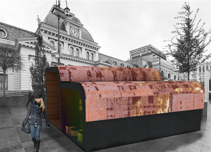 Curvilinear Form Enveloped in Upcycled Metal and Alabaster for a Modern Transportation Hub