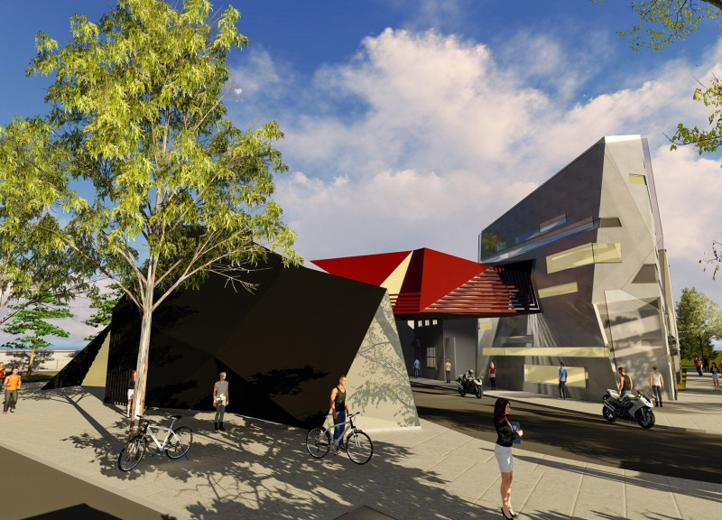 Fragmented Geometric Facade with Backlit Membrane Enhancing Educational Workshop Space