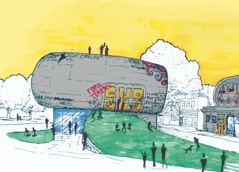 Curvilinear Concrete Facade Enhanced by Dynamic Graffiti Art in a Community-Focused Educational Facility