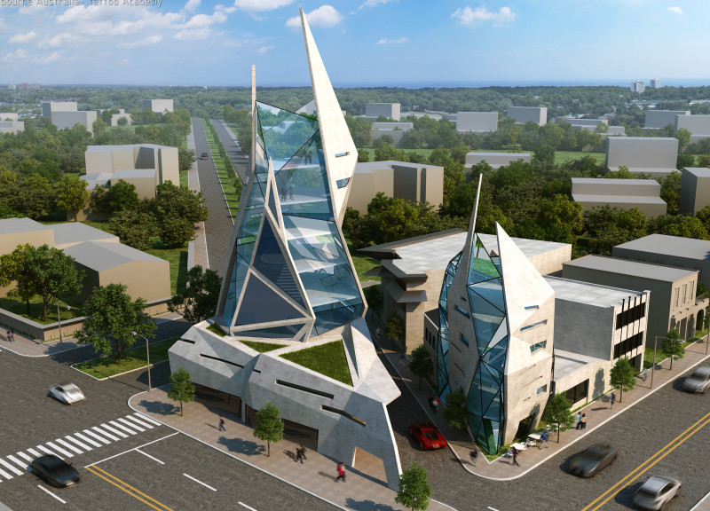 Triangular Facade Blending Concrete and Glass for a Contemporary Educational Space