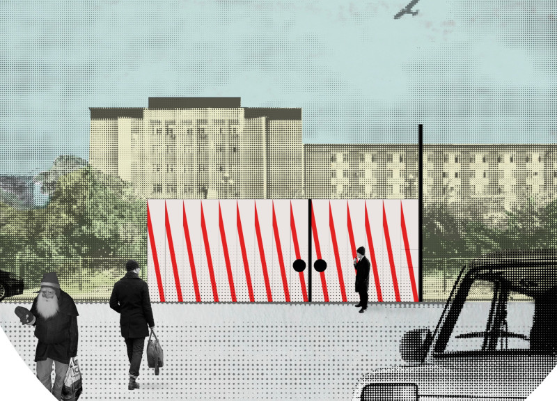 Diagonal Striped Pavilion with Sandwich Panels and Larch Interiors Serving Urban Transit Needs