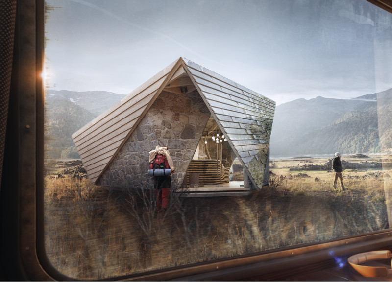 Reflective Facade and Stone Base Blending with Landscape as a Rest Stop Along the Trans-Siberian Route