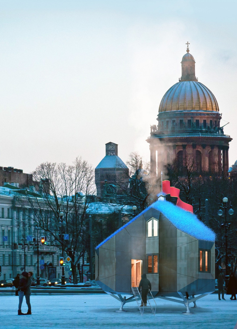 Hexagonal Lodging Units with Sodium Roof and Timber Cladding in Siberian Landscape