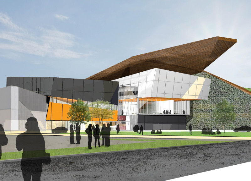 Panoramic Glass Facade Blending Concrete and Timber in a Multifunctional Cultural Hub