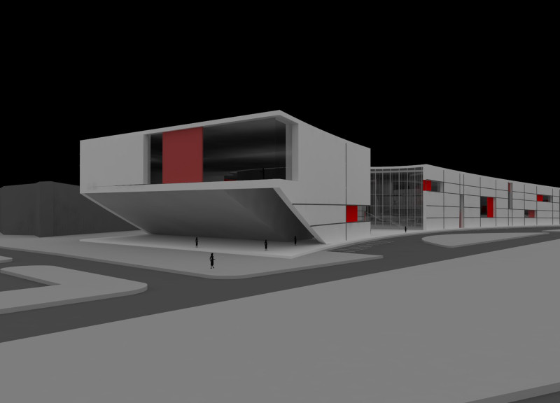 Cantilevered Glass Facade Showcasing Community Interaction with Steel Framework and Landscaped Courtyard