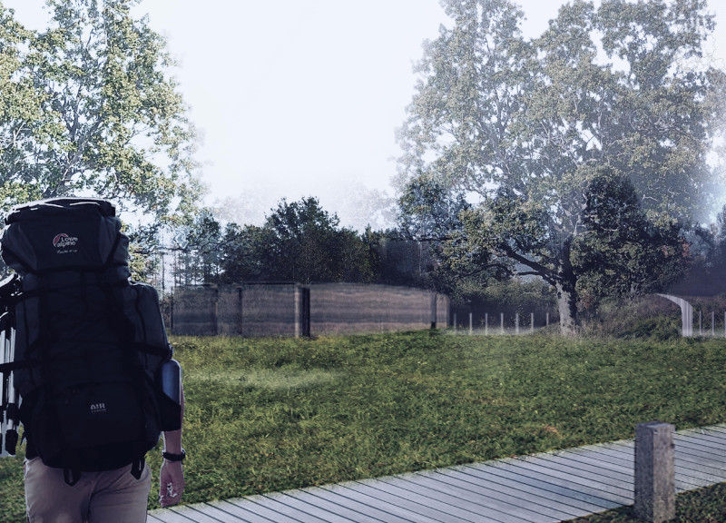 Rammed Earth Structure Embraces Natural Integration with Curvilinear Pathways and Community Spaces