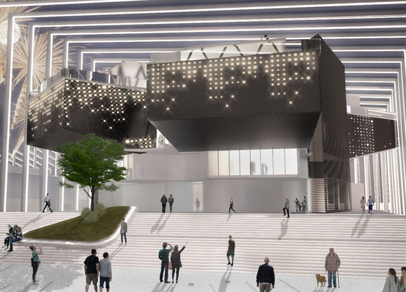 An Urban Center Featuring a Deployable Canopy and Modular Construction