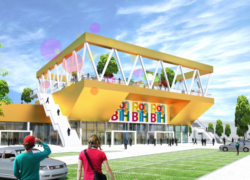 Golden Metal Cladding and Glass Facades in a Community-Centric Space