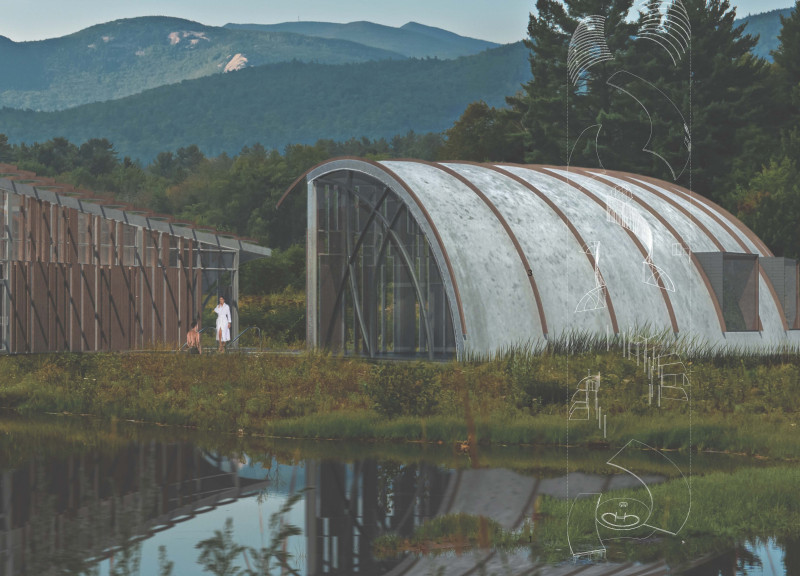 Curved Structures with Reversed Facade and Elevated Concrete Stilts in a Wellness Retreat