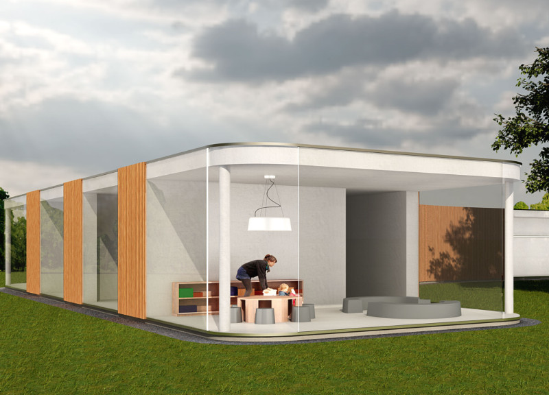 Curvilinear Structure Embracing Natural Light with Vertical Wood Planks and Concrete Elements