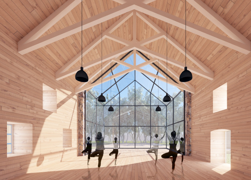 Biodiversity-Focused Community Hall Featuring Residential Stone and Oak Wood Integration