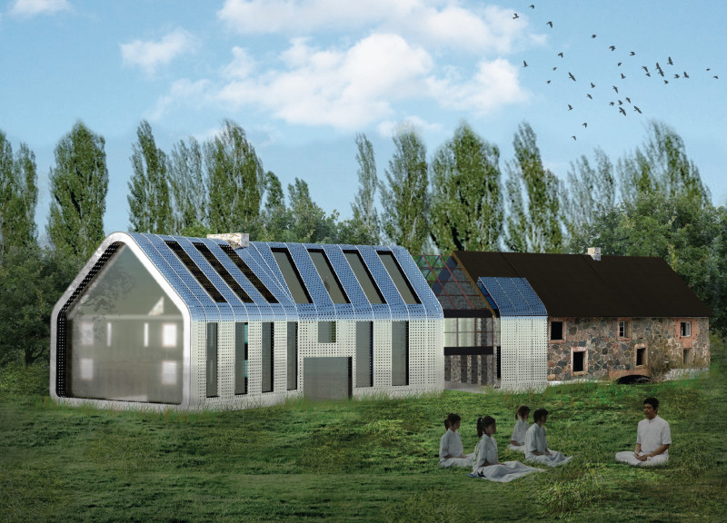 Curved Roofs and Perforated Metal Panels Define a Sustainable Retreat in Natural Surroundings