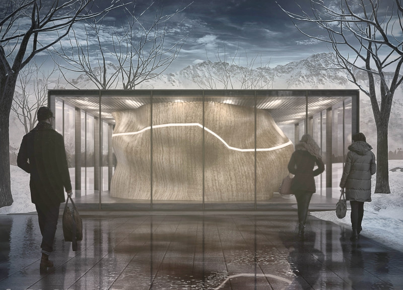 Curvilinear Glass Structure Featuring Textured Wood and Sustainable Materials Integrates with Nature