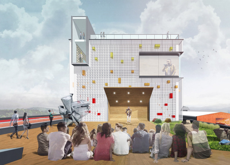 Rooftop Performance Venue Featuring Acoustic Design with Natural Wood and Sustainable Materials