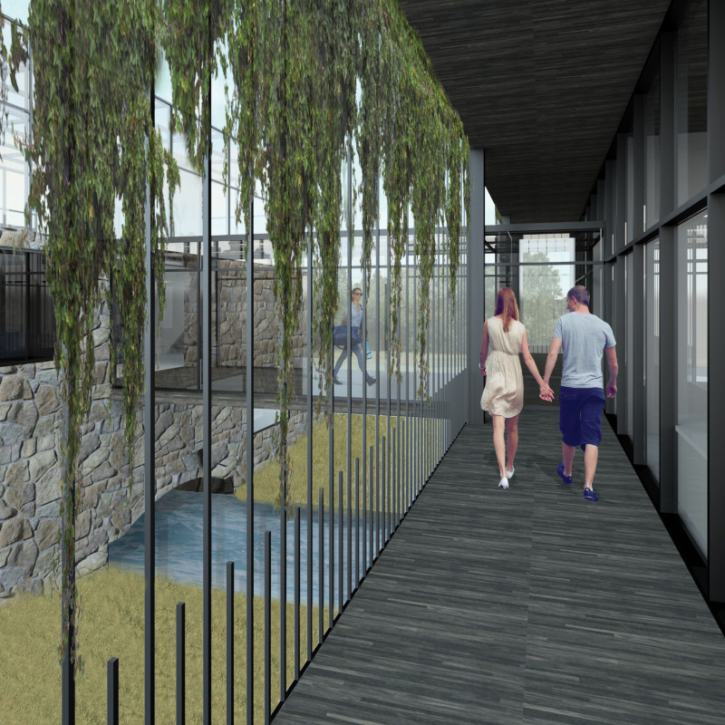 Elevated Stone Structures Embracing Nature with Glass Facades and Native Vegetation