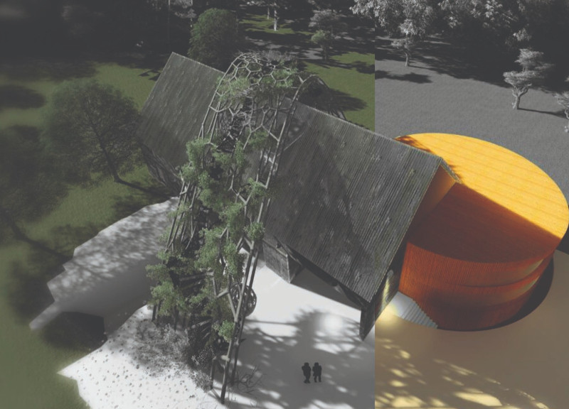 Nest-Like Structures of Thermowood Within a Serene Meditation Retreat