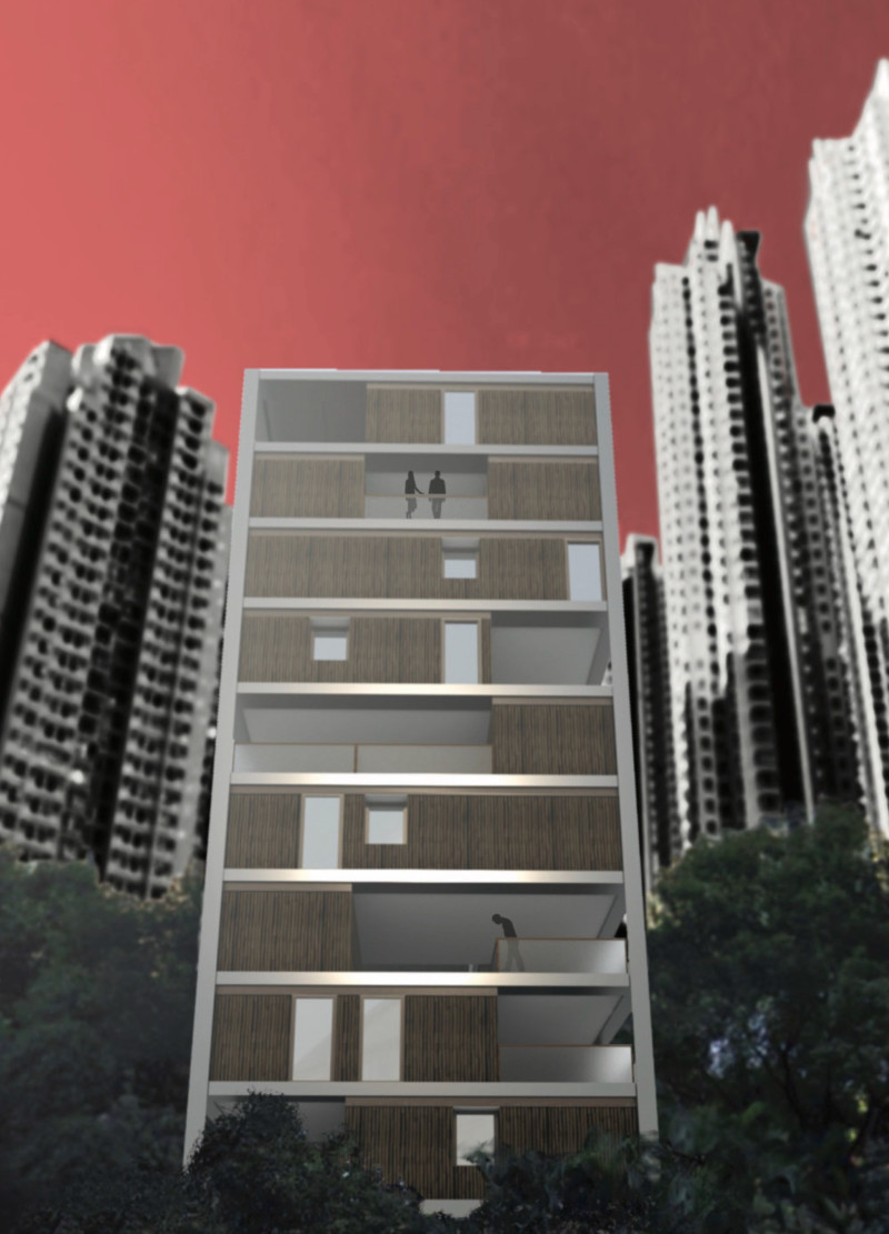 Modular Living Spaces Featuring Bamboo Construction and Steel Framework in Urban Setting