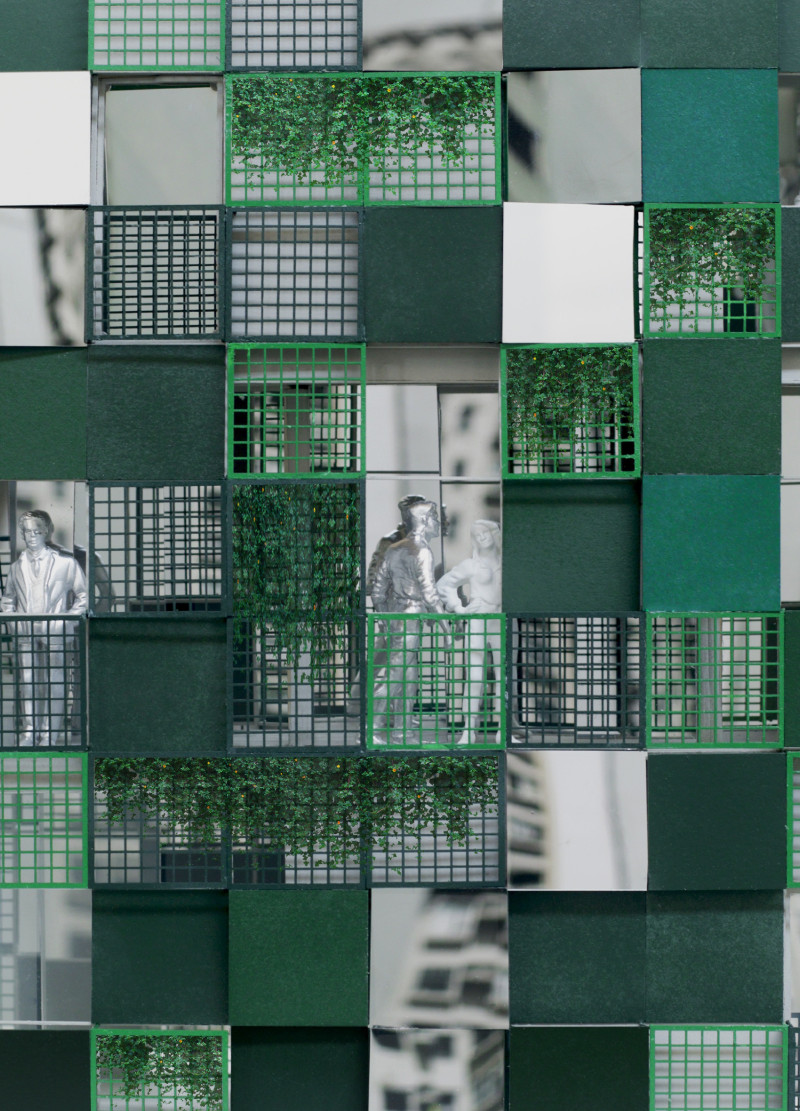 Mirrored Facades with Vertical Gardens Creating Community-Centric Living Spaces