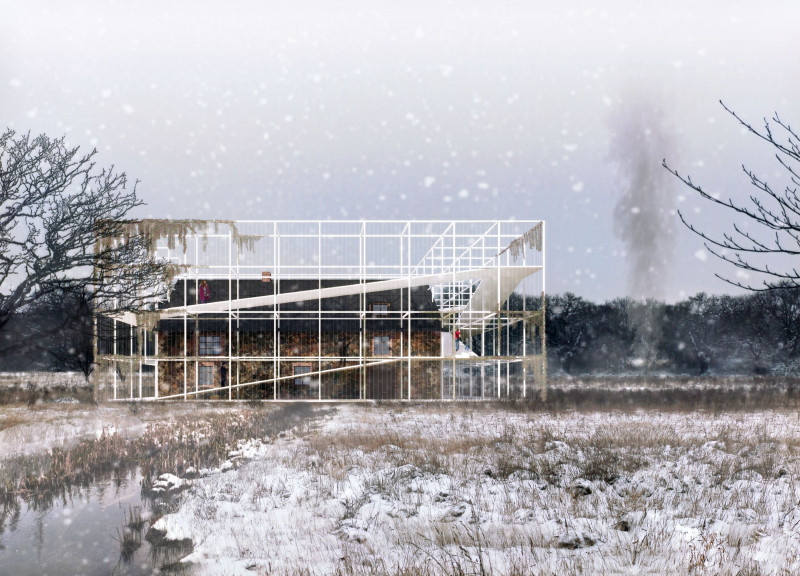 Steel Grid Pathways Enhancing Meditation in a Green Retreat