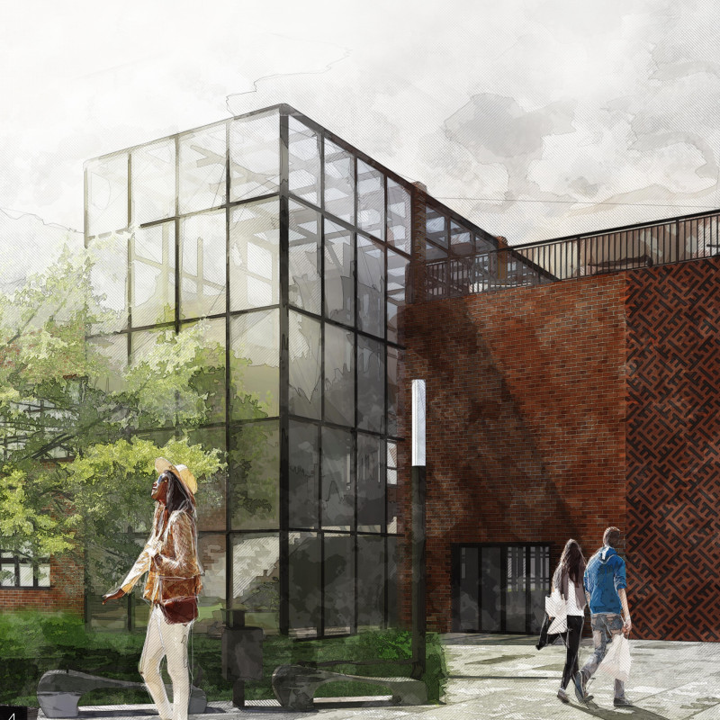 Sustainable Community Hub Featuring Recycled Brick and Expansive Glass Facades