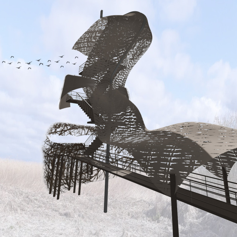 Reclaimed Wood and Weather-Resistant Canvas Elevate a Bird Observation Tower in a Natural Landscape