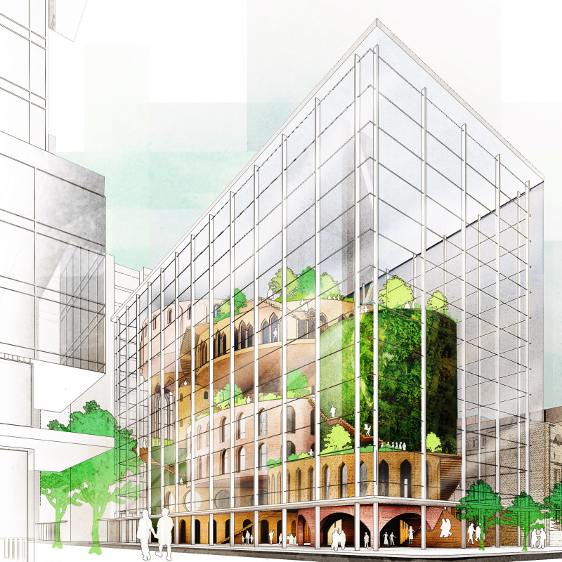 Biophilic Community Hub Featuring Transparent Glass and Natural Wood Elements