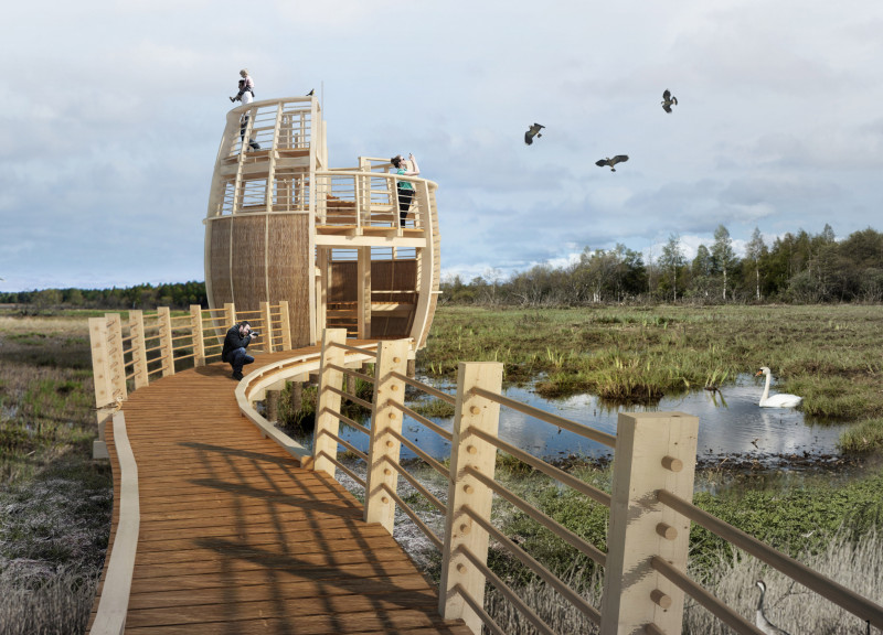 Thatch-Clad Observation Platforms Crafted from Glulam and Recycled Materials in a Natural Habitat