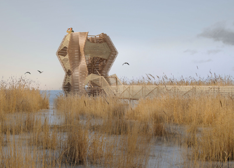 Hexagonal Observation Tower Crafted from Local Timber and Reed Panels for Wildlife Engagement