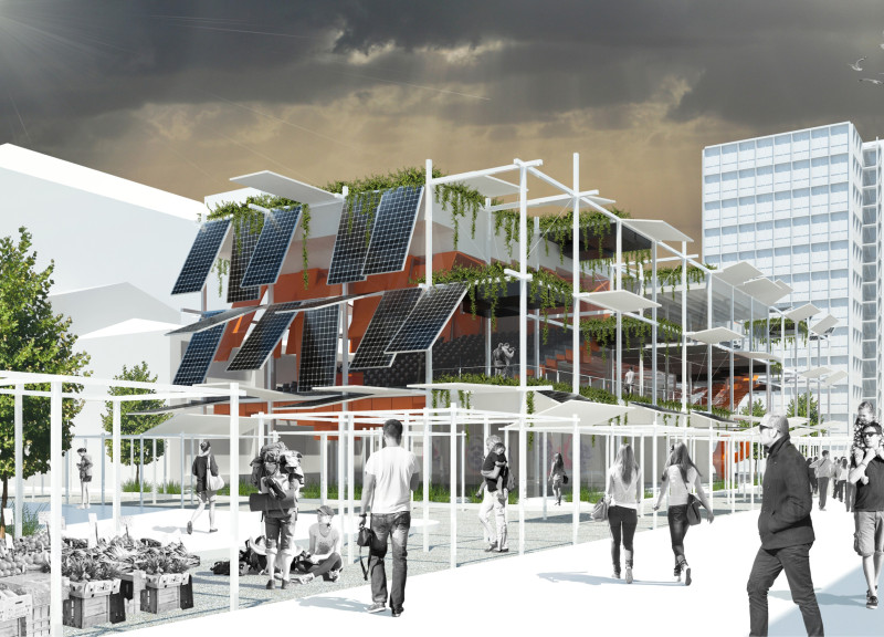 Steel Framework and Solar Panels Combined with Flexible Spaces in a Sustainable Community Hub