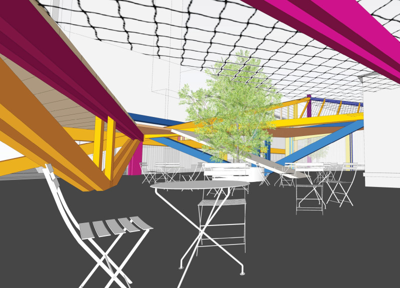 Elevated Public Spaces Forged with Painted Timber and Translucent Polycarbonate