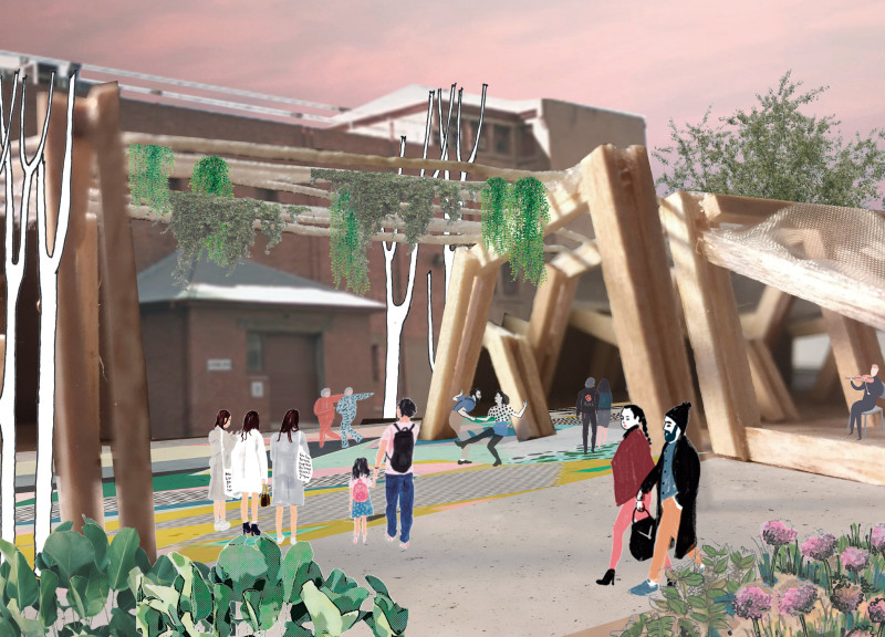Living Facades and Recycled Wood Create Community Engagement Space
