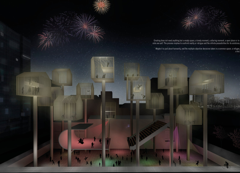 Elevated Huts with Translucent Enclosures Constructed from Steel and Glass for Artistic Engagement