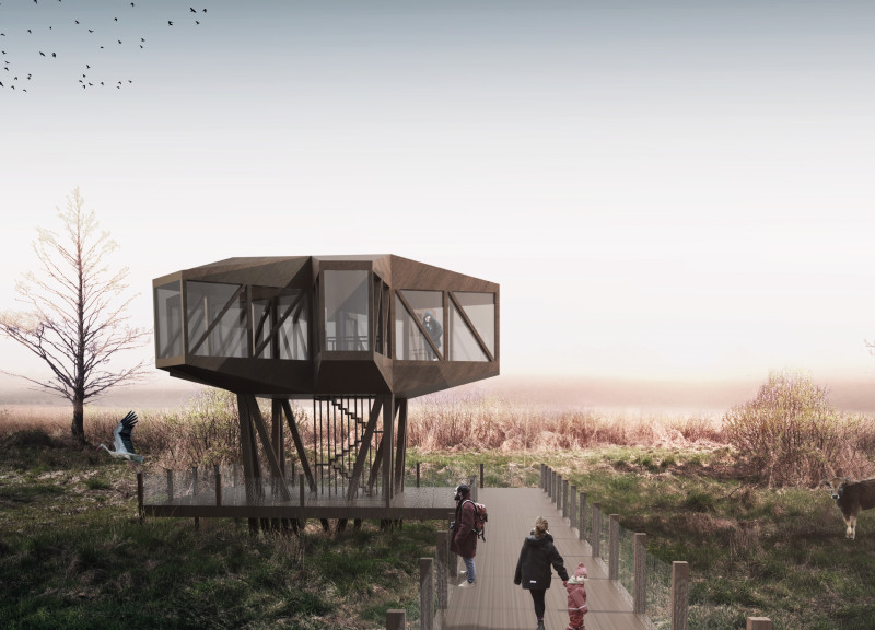 Star-Shaped Roof Formed with Straw Insulation and Glass Creates Elevated Wildlife Observation Space