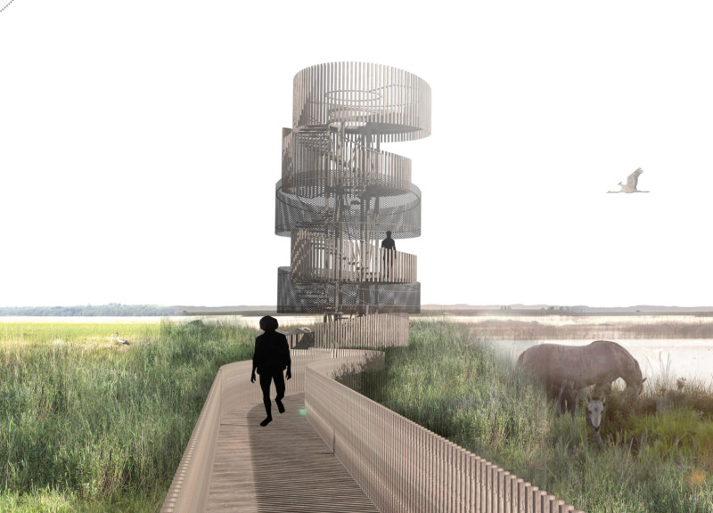 Spiral Observation Platform Constructed with Sustainable Timber and Steel Integration in Natural Landscape
