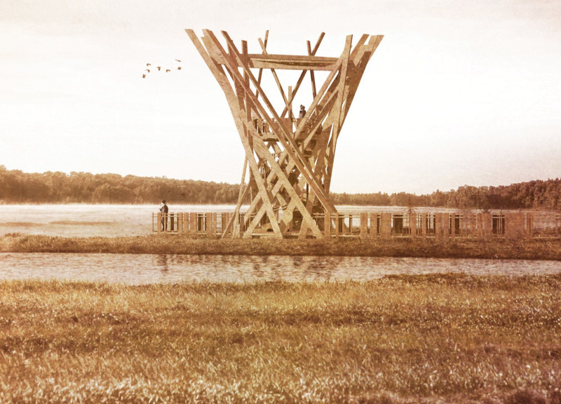 Lattice-Structured Tower Featuring Cross-Laminated Timber and Charred Shingles in a Marshland Setting