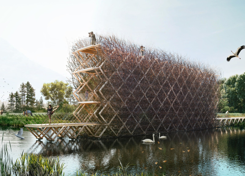 Lattice Framework of Bamboo and Cedar Encloses a Birdwatching Tower Emphasizing Ecological Sensitivity
