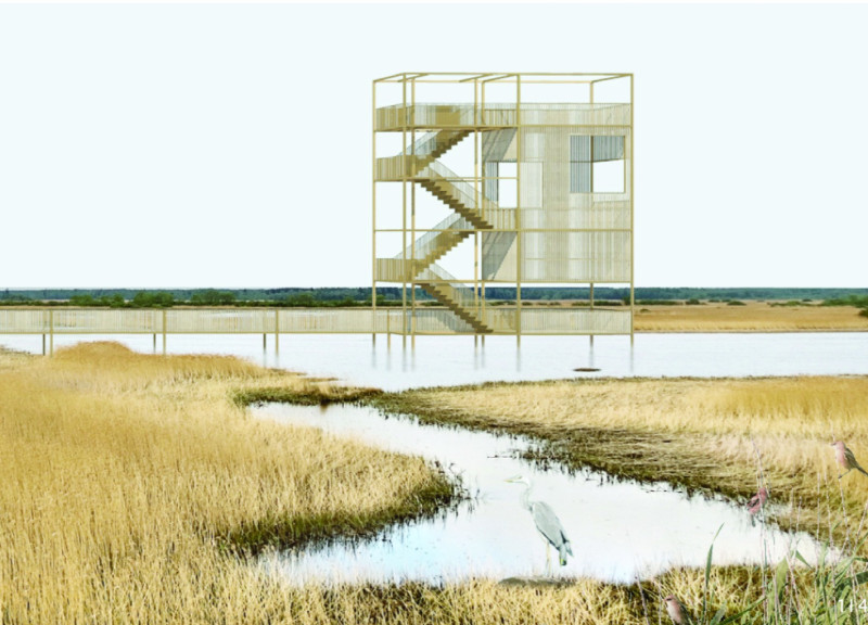 Slatted Facades and Brass Accents Enhance Sustainable Birdwatching Tower Design
