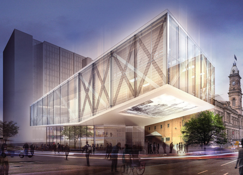 Cantilevered Structure Embraced by Glass and Concrete Creating Engaging Community Spaces